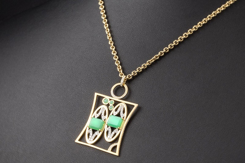 Jazychic Zwillinge Sternzeichen Anhänger Chrysopras Diamanten Gelbgold 