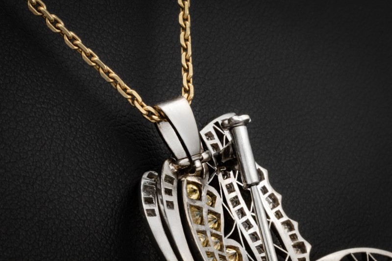 Schmetterling Brosche Anhänger Diamanten Gelb und Weiß in 750er Weißgold 