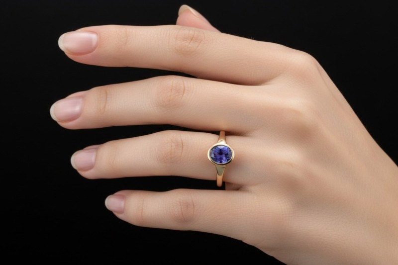 Stilvoller Designer Ring mit Tansanit im Ovalschliff in Gelbgold Arbeit 