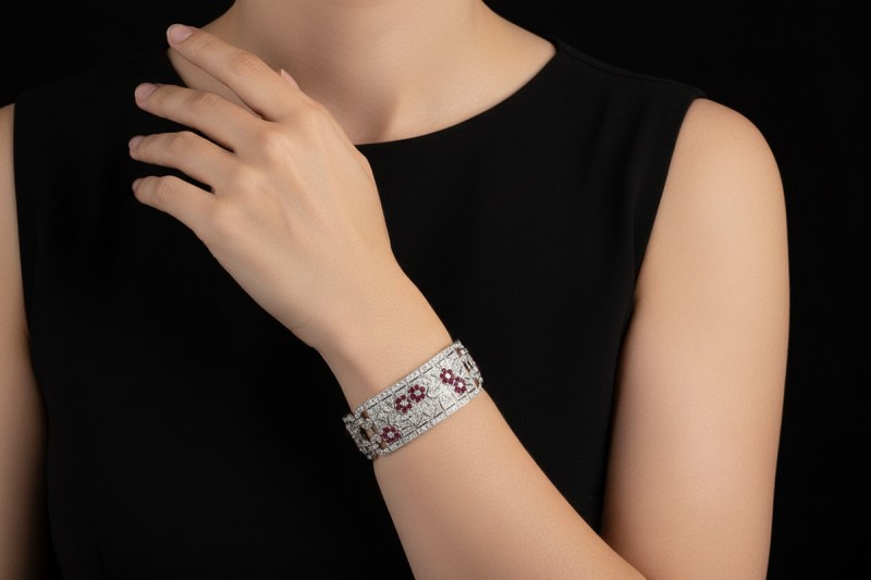 Antikes breites Armband mit Rubin Blumen und Diamanten in 950er Platin 