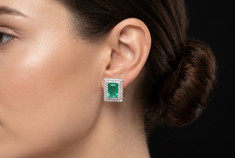 Große Smaragd Ohrringe rechteckig mit Diamanten Weißgold 750 Handarbeit 