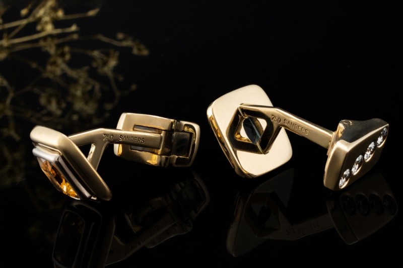 Sanders Manschettenknöpfe Aquamarin Citrin und Diamanten in Gelbgold 750 