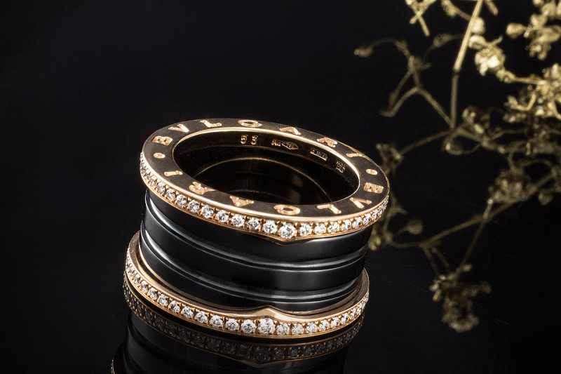 BVLGARI B.zero1 4-Band Ring Schwarze Keramik Diamanten 750er Roségold 53 