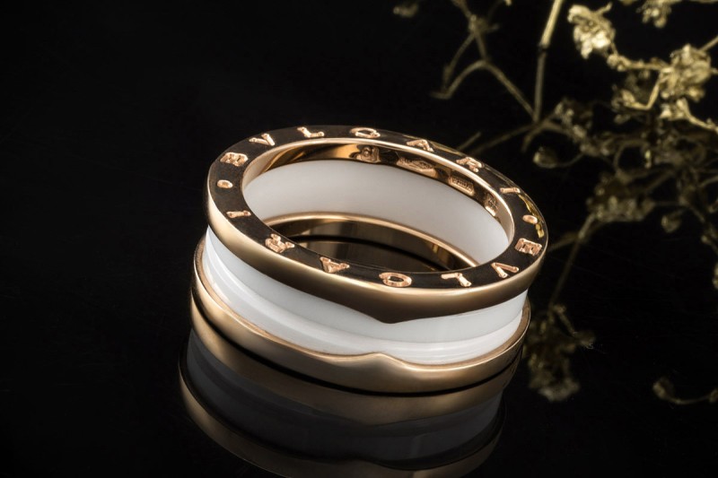 BVLGARI B.zero1 2-Band Ring Weiße Keramik und 750er Roségold Größe 61 