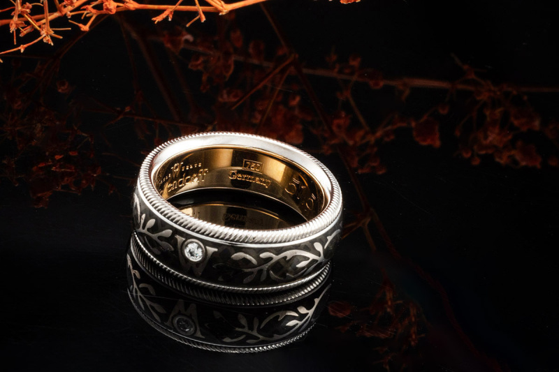 Wellendorff Ring Drehring Schwarze Seide Diamant 750er Weißgold Gr. 51,5 