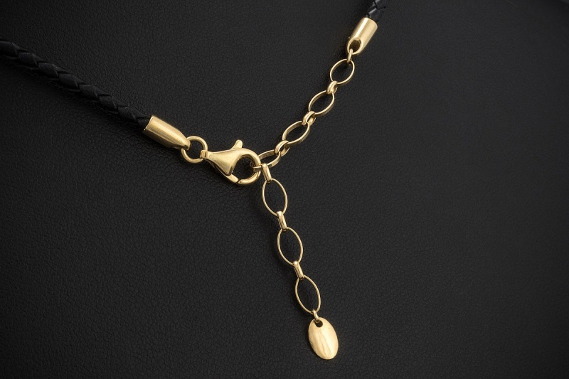 Collier Kette Schutzsymbol Skarabäus Diamanten Lederkette 750er Gelbgold 