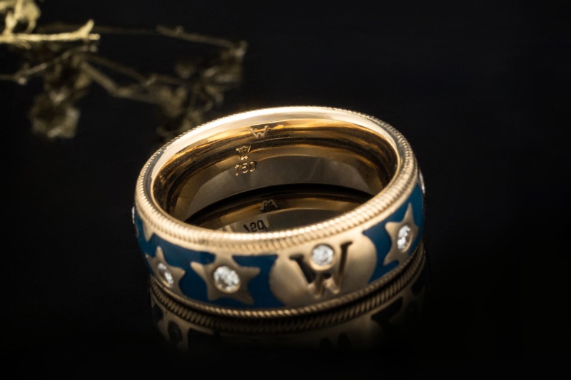 Wellendorff Vintage Ring Sternenhimmel Blau mit Diamanten 750er Gelbgold 