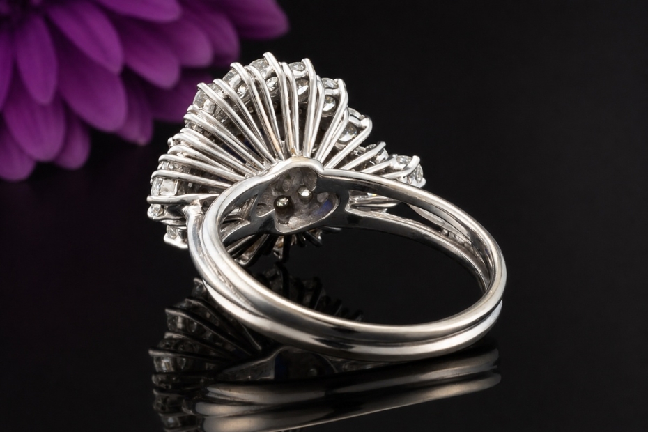 Ring Klassische Weißgold Arbeit mit Saphir im Ovalschliff und Diamanten 