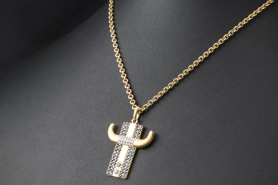 Jazychic Stier Sternzeichen Anhänger Blaue Saphire Diamanten in Gelbgold 