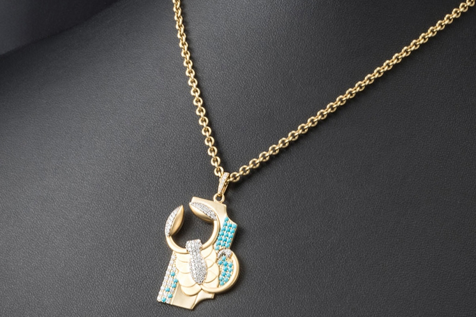 Jazychic Skorpion Sternzeichen Anhänger Türkis und Diamanten in Gelbgold 