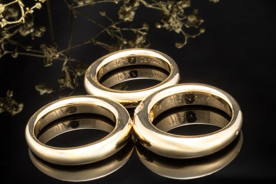 Cartier Ellipse 3 Ringe Solitär Diamant Bandring gestapelt Gelbgold 750 