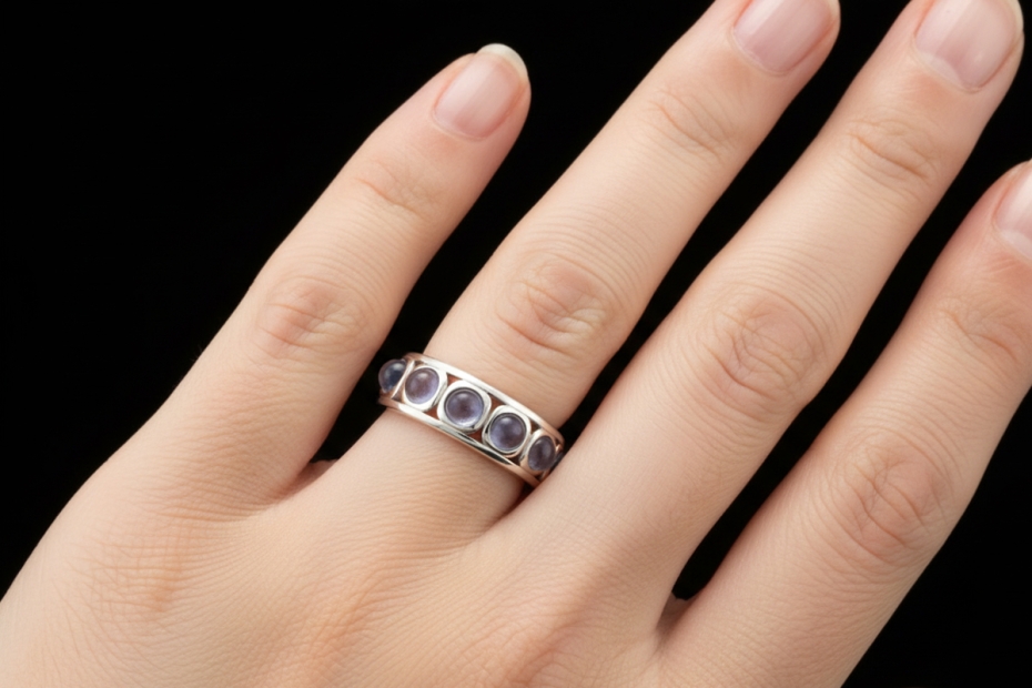 Memoire Ring mit Cabochon Iolith Goldschmiedearbeit in 750er Weißgold 