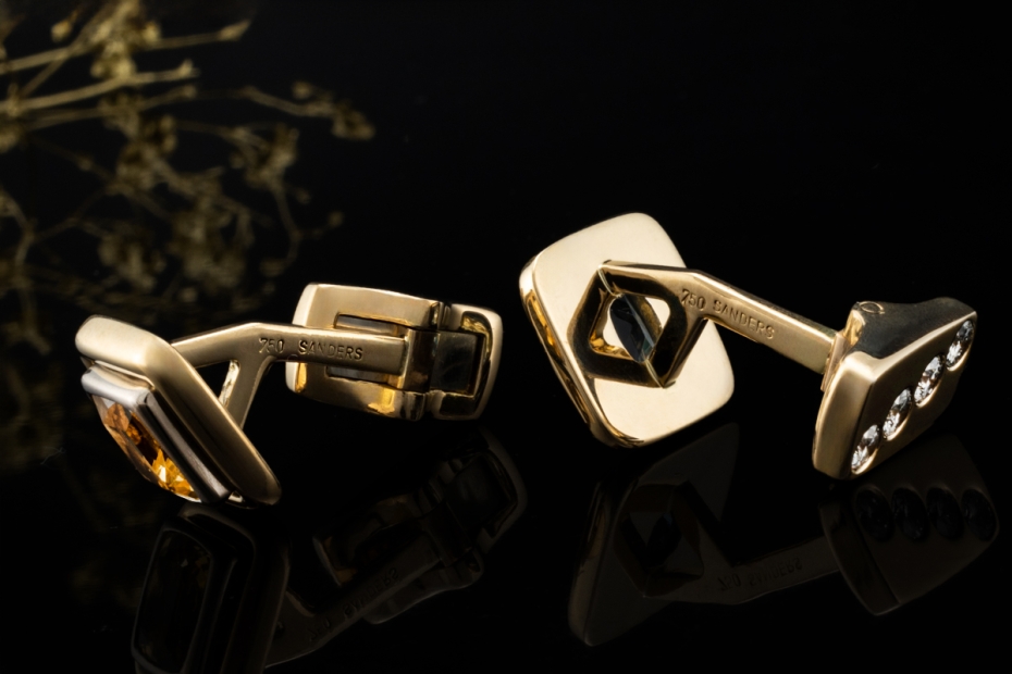 Sanders Manschettenknöpfe Aquamarin Citrin und Diamanten in Gelbgold 750 