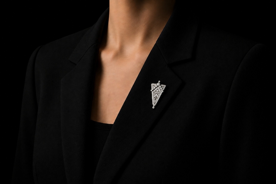 Art Déco Brosche Anstecknadel mit Diamanten spitz zulaufend Weißgold 750 