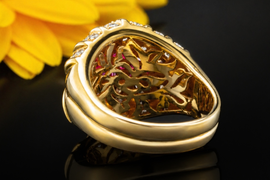 Ring mit Carré Rubinen und Diamanten im Vintage Design Gelbgold 750 