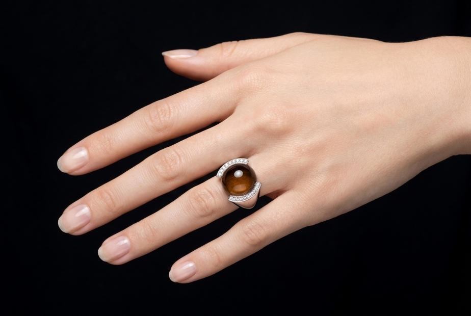 Cartier Vintage Ring mit Rauchquarz Cabochon und Diamanten Weißgold 750 