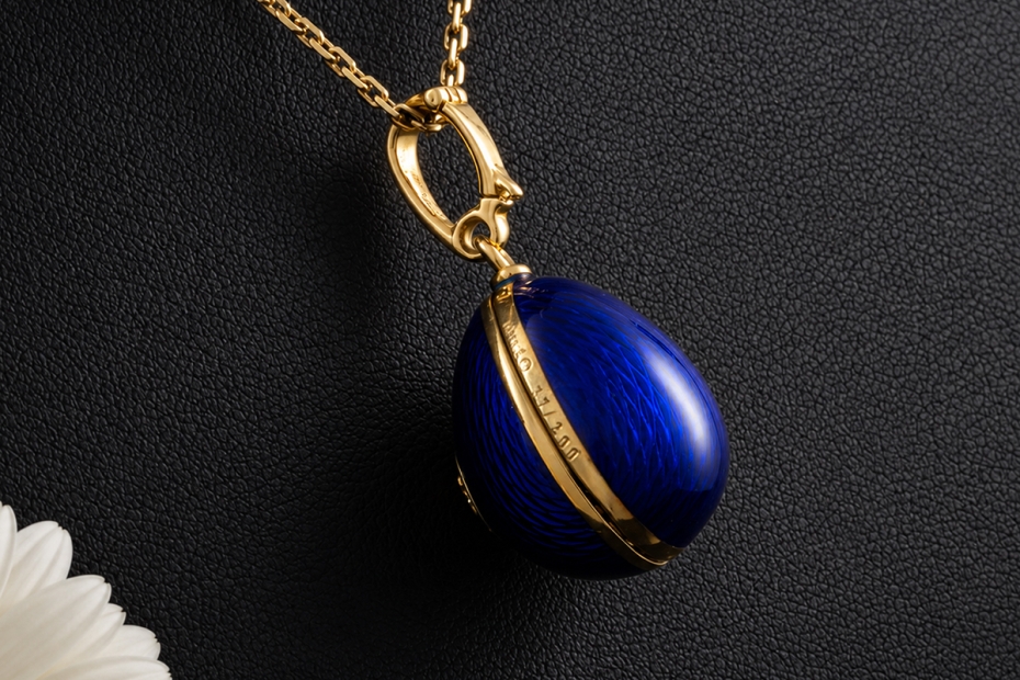 Fabergé Anhänger Gold Ei-Medaillon Herz Versteck Diamanten Emaille Blau 
