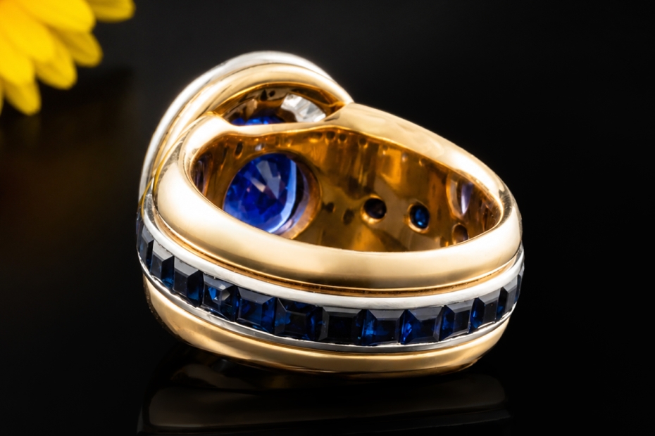 Prunkvoller Ring mit Saphir und Diamanten Massive 750er Gold Handarbeit 