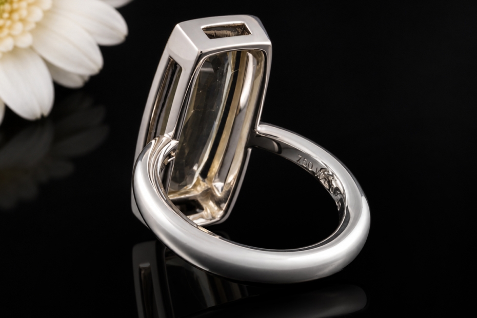 Ring Langer facettierter Citrin mit Diamanten in Weißgold 750 Handarbeit 