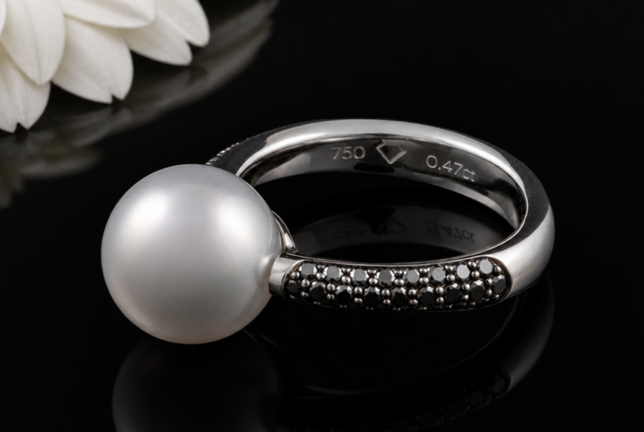 Ring mit Südsee Zuchtperle und schwarzen Diamanten in 750er Weißgold 