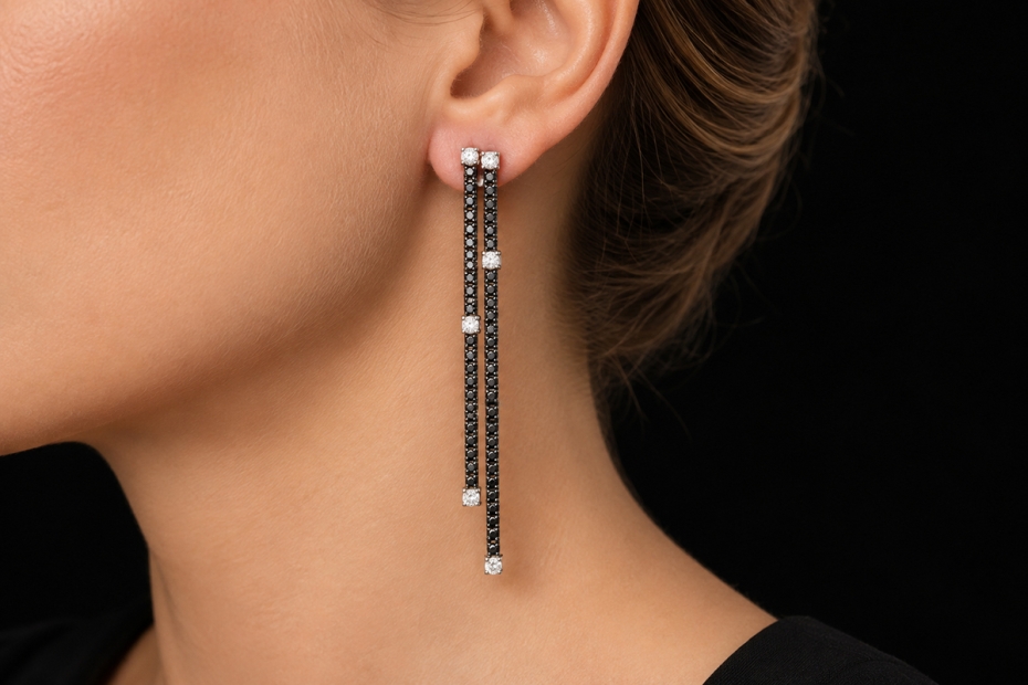 Black & White Lange Ohrringe mit Diamanten Schwarz Weiß in Weißgold 750 