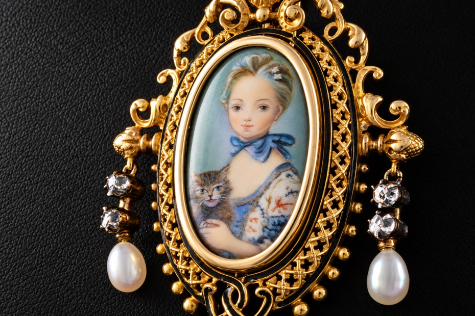 Antiker Anhänger Miniatur Portrait Mädchen mit Katze 19. Jh. in Gelbgold 