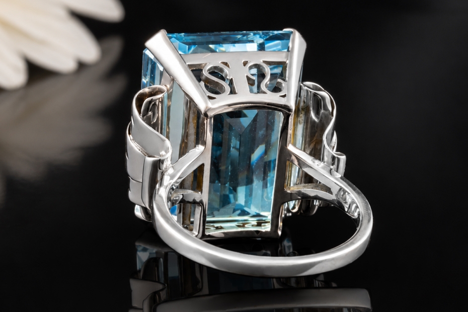 Großer Cocktailring 30 Carat Aquamarin im Emerald Cut in 558er Weißgold 