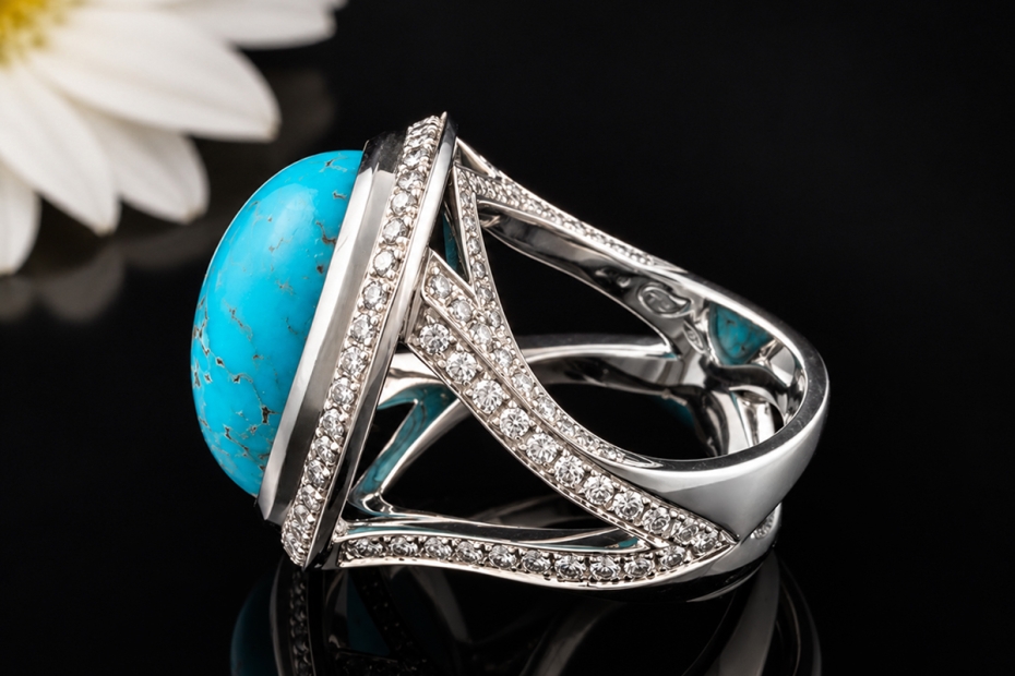 Massiver Ring Türkis mit Diamanten Goldschmiedearbeit in 750er Weißgold 