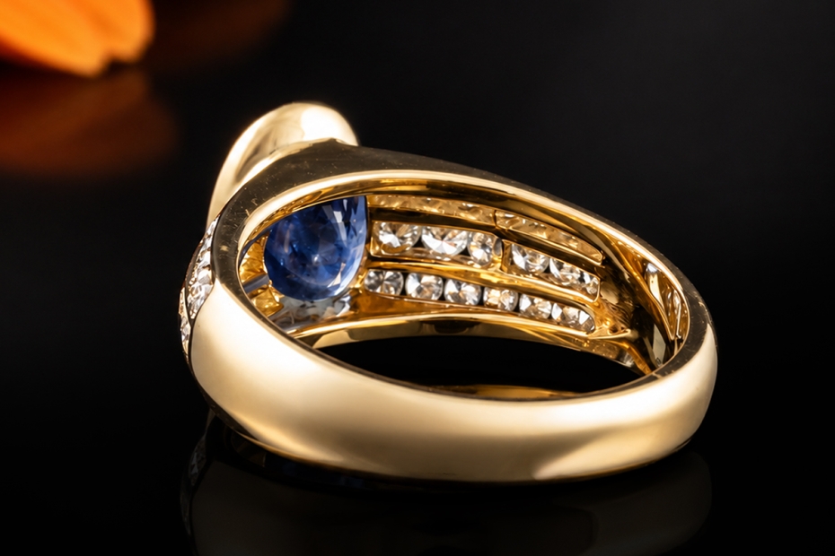 Ovaler Saphir Ring mit Diamanten in 750er Gelbgold Goldschmiedearbeit 