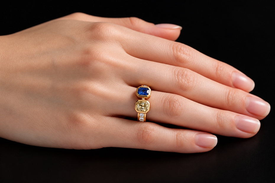 Toi et Moi Ring 2 Saphire Blau und Gelb mit Diamanten in 750er Gelbgold 