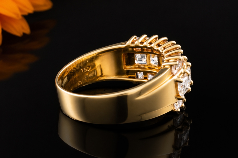 Ring mit Eckige Diamanten Carréschliff 2,80 Ct 750er Gelbgold Handarbeit 