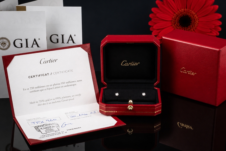 Cartier 1895 Solitär Ohrstecker Diamant je 0,25 Carat Weißgold Full Set 
