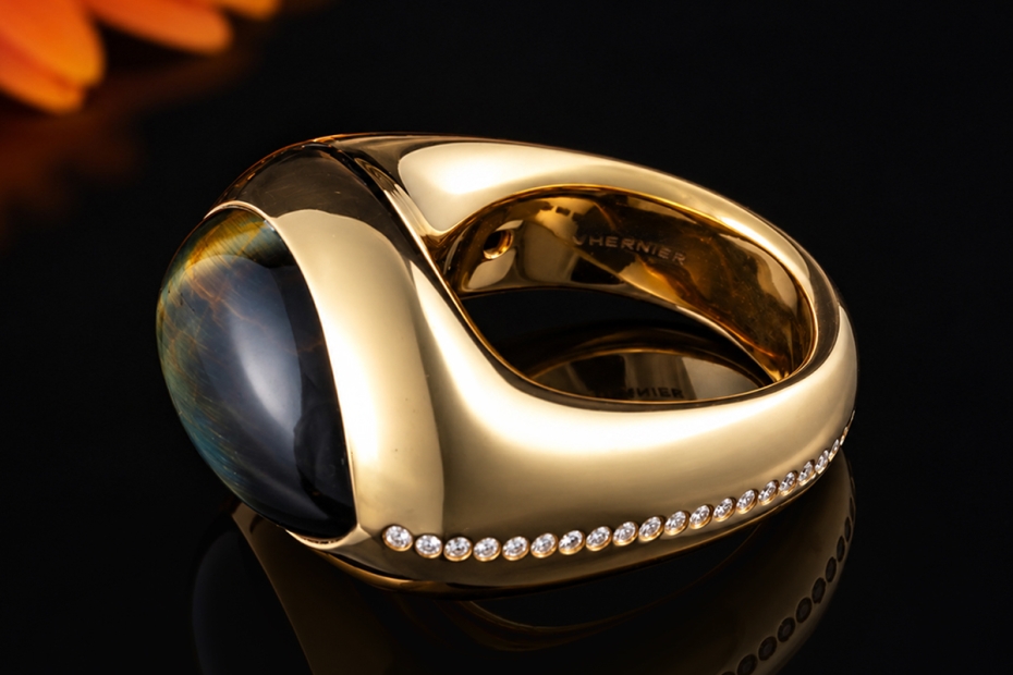 Vhernier Ring mit Falkenauge & Diamanten Massive Arbeit in Roségold 750 