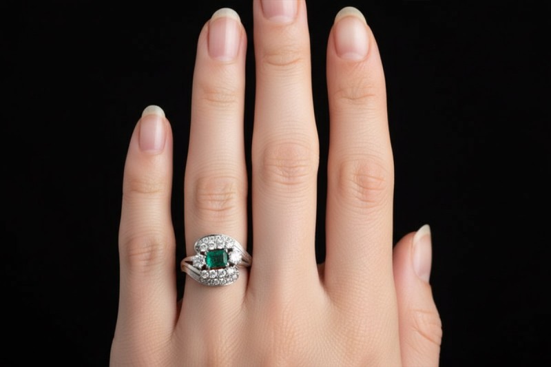 Goldschmiedearbeit Ring Smaragd rechteckig und Diamanten in Weißgold 585 