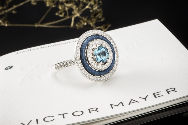 Victor Mayer Ring Aquamarin Emaille Blau Diamanten in Weißgold Limitiert 