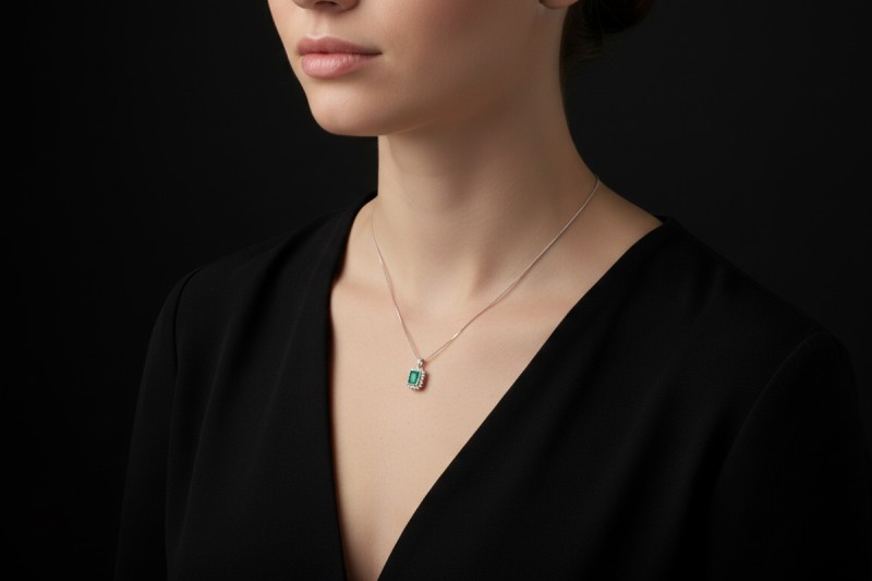 Antikes Collier Kette Anhänger mit Smaragd und Diamanten in Weißgold 750 