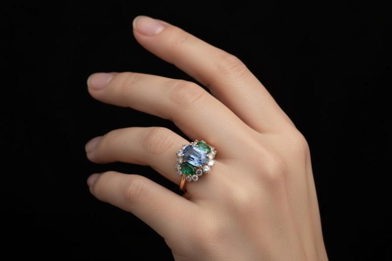 Farbenfroher Cluster Ring mit Saphir Smaragd Diamanten in 750er Roségold 