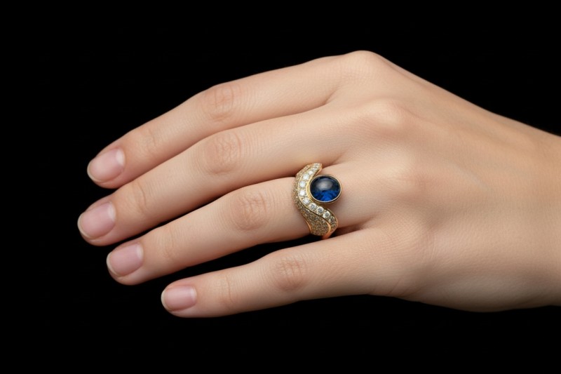 Imposanter Ring mit Cabochon Saphir formschön mit Diamanten Gelbgold 750 