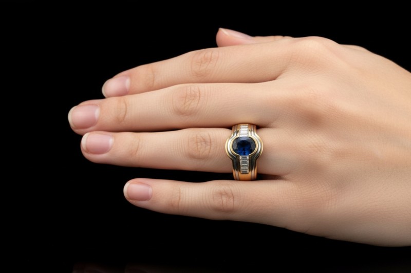 Ring mit Saphir und Diamanten im Baguetteschliff in 750er Gold Tricolor 