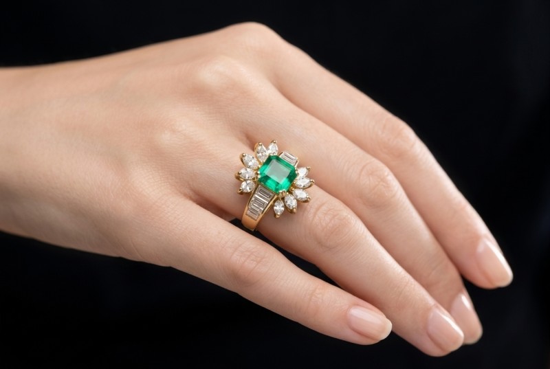 Ring im Sunburst Design Smaragd und Diamanten in Gelbgold 750 Handarbeit 