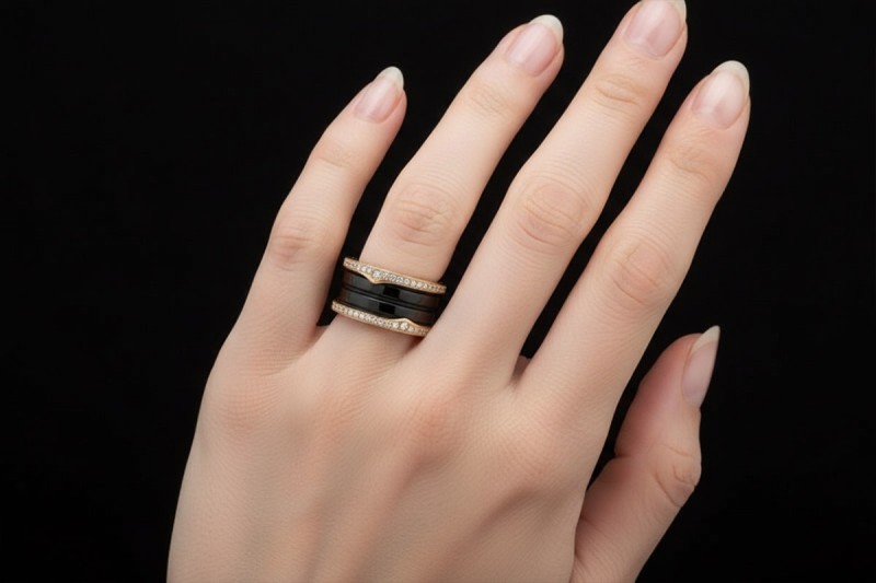 BVLGARI B.zero1 4-Band Ring Schwarze Keramik Diamanten 750er Roségold 53 