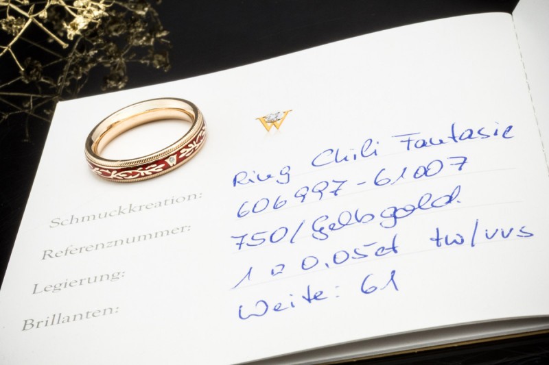 Wellendorff Ring Chili Rot Drehring mit Diamant in 750er Gelbgold Gr. 61 