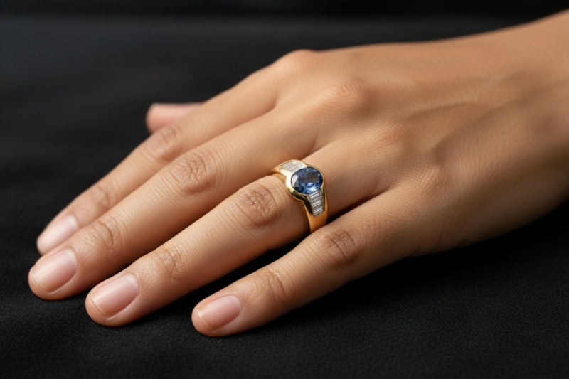 Ring mit ovalem Saphir und Baguette Diamanten Handarbeit in Gelbgold 750 