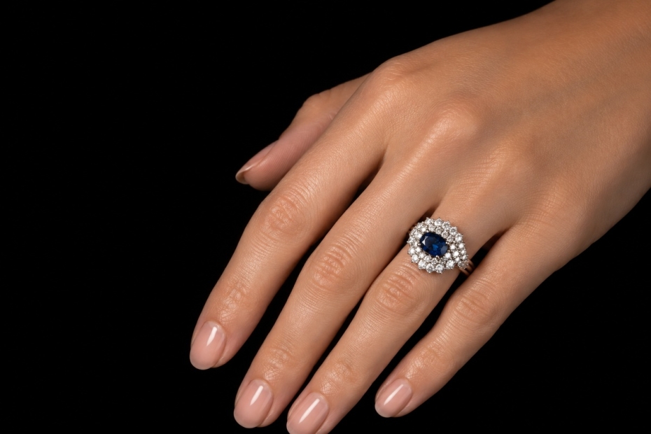 Ring Klassische Weißgold Arbeit mit Saphir im Ovalschliff und Diamanten 