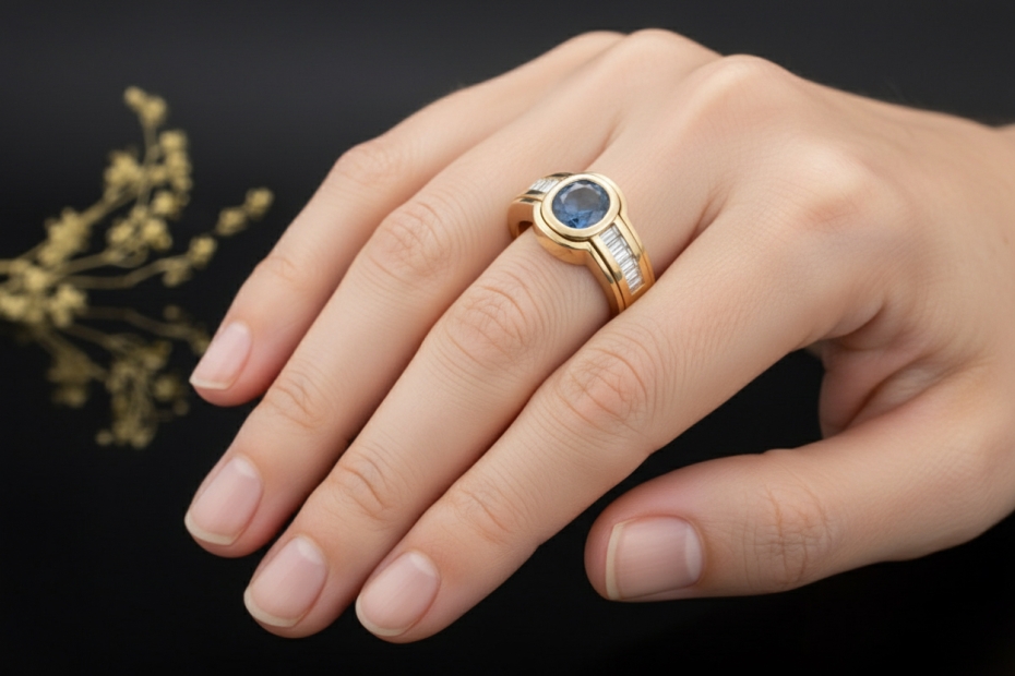 Saphir Ring mit Baguette Diamanten massiv gefertigt in 750er Gelbgold 
