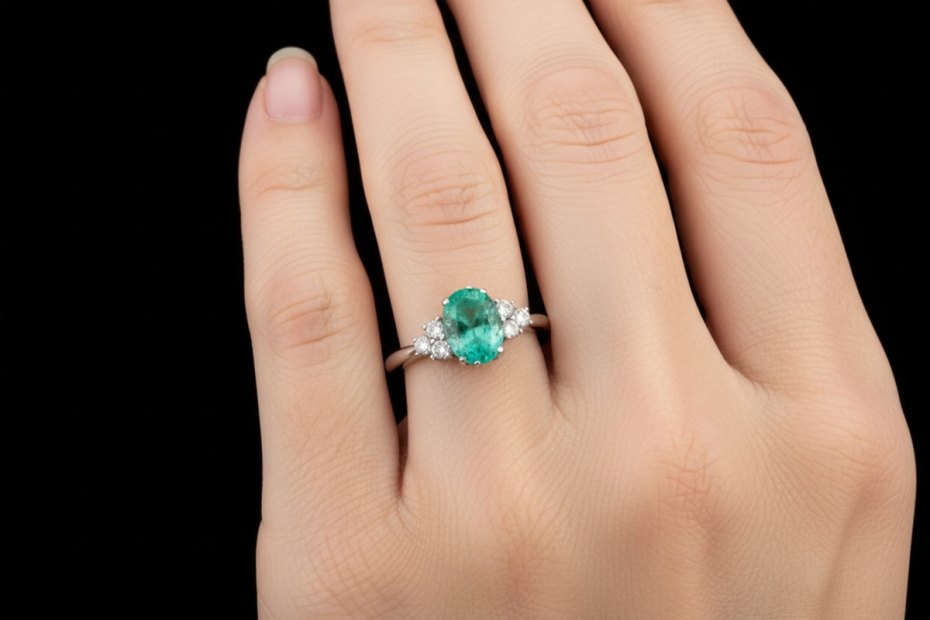 Smaragd Ring im Ovalschliff mit Diamanten Handarbeit in 750er Weißgold 