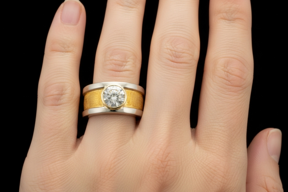 Massiver Bicolor Solitär Ring 2 Carat Diamant 750er Gold Hammerschlag 