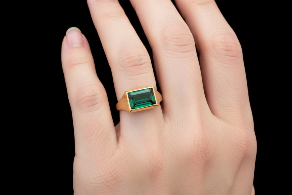Ring mit natürlichem Spinell Treppenschliff rechteckig in 585er Gelbgold 