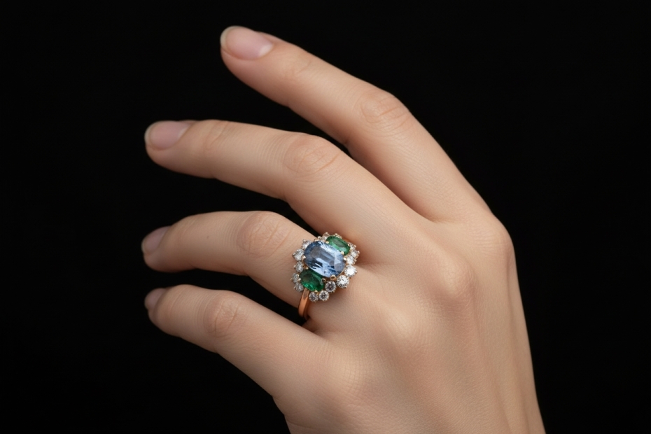 Farbenfroher Cluster Ring mit Saphir Smaragd Diamanten in 750er Roségold 