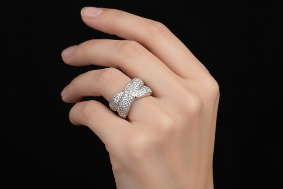 Verschlungener Doppelband Ring mit Diamanten Massive Arbeit Weißgold 750 